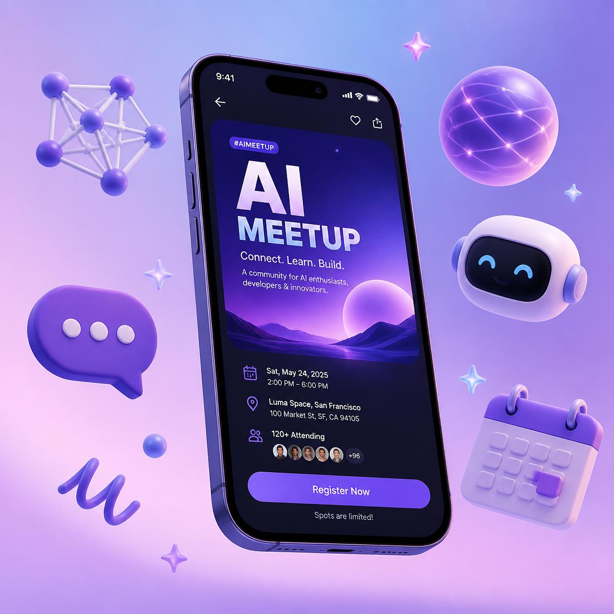 AIMeetup event card floating with 3D icons